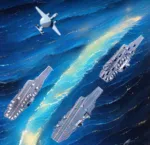 Imagen artística de portaaviones y aviones de combate surcando un océano estilizado, acompañada del lema "乘风破浪 继往开来" (romper olas hacia un futuro brillante). Créditos: China Navy.