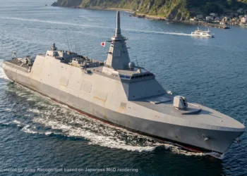 Japón ordenó tres fragatas Mogami-class mejoradas (New FFM) a Mitsubishi Heavy Industries por 128,6 mil millones de yenes, con entrega prevista alrededor de 2028. Créditos: Army Recognition.
