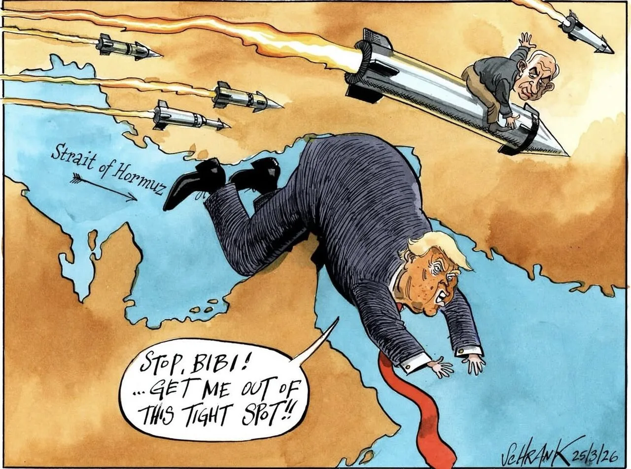 Caricaturistas se burlan de la guerra entre EE. UU. e Israel. "Trump, en un atolladero estratégico". Créditos: Islamic Republic News Agency (IRNA).