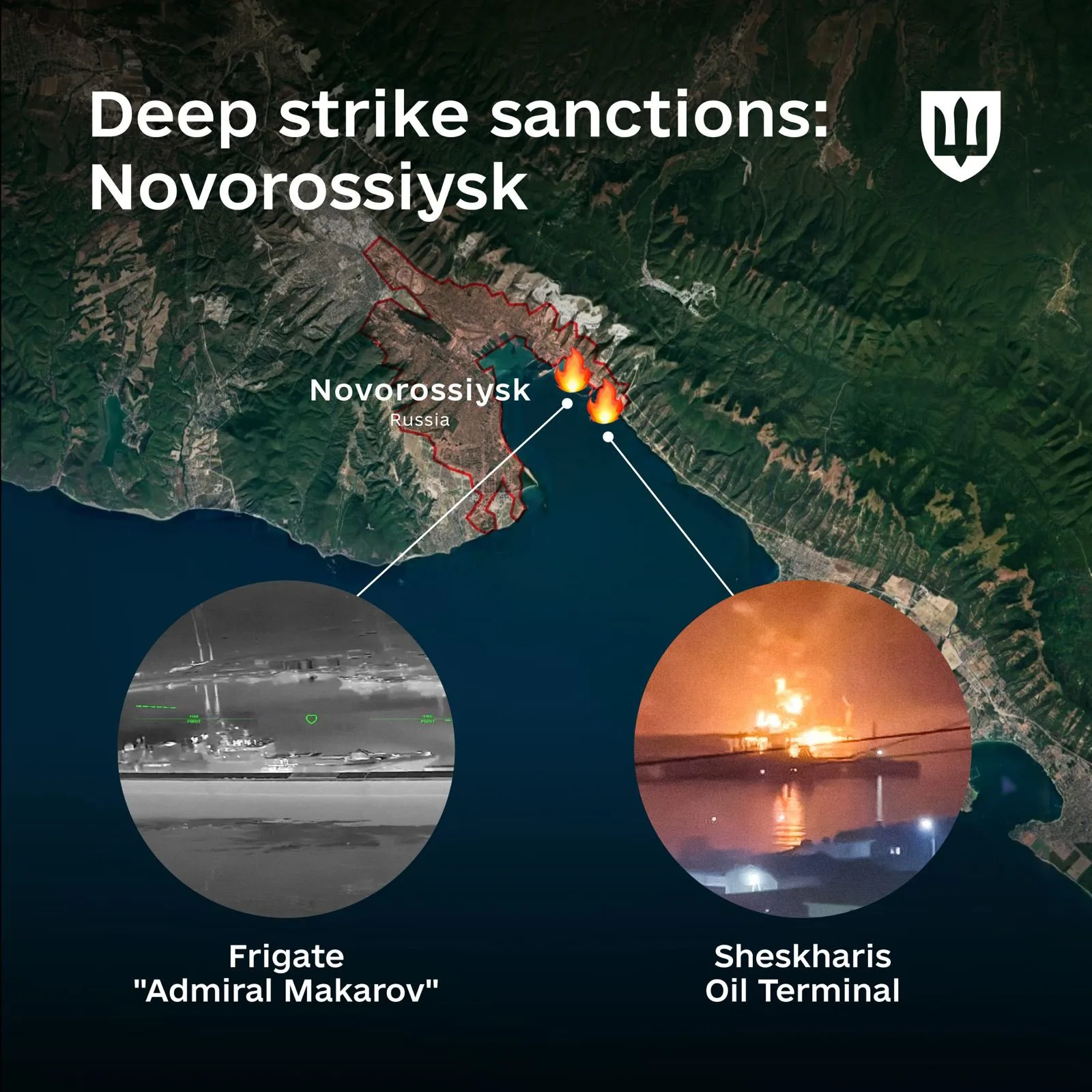 Las Fuerzas de Defensa atacaron la infraestructura del puerto de Novorossiysk, a través del cual Rusia exporta hasta el 20% de sus volúmenes totales de petróleo.
Además, drones ucranianos impactaron el portador de misiles de crucero Kalibr —el crucero “Almirante Makarov”. Créditos: Ministerio de Defensa de Ucrania.