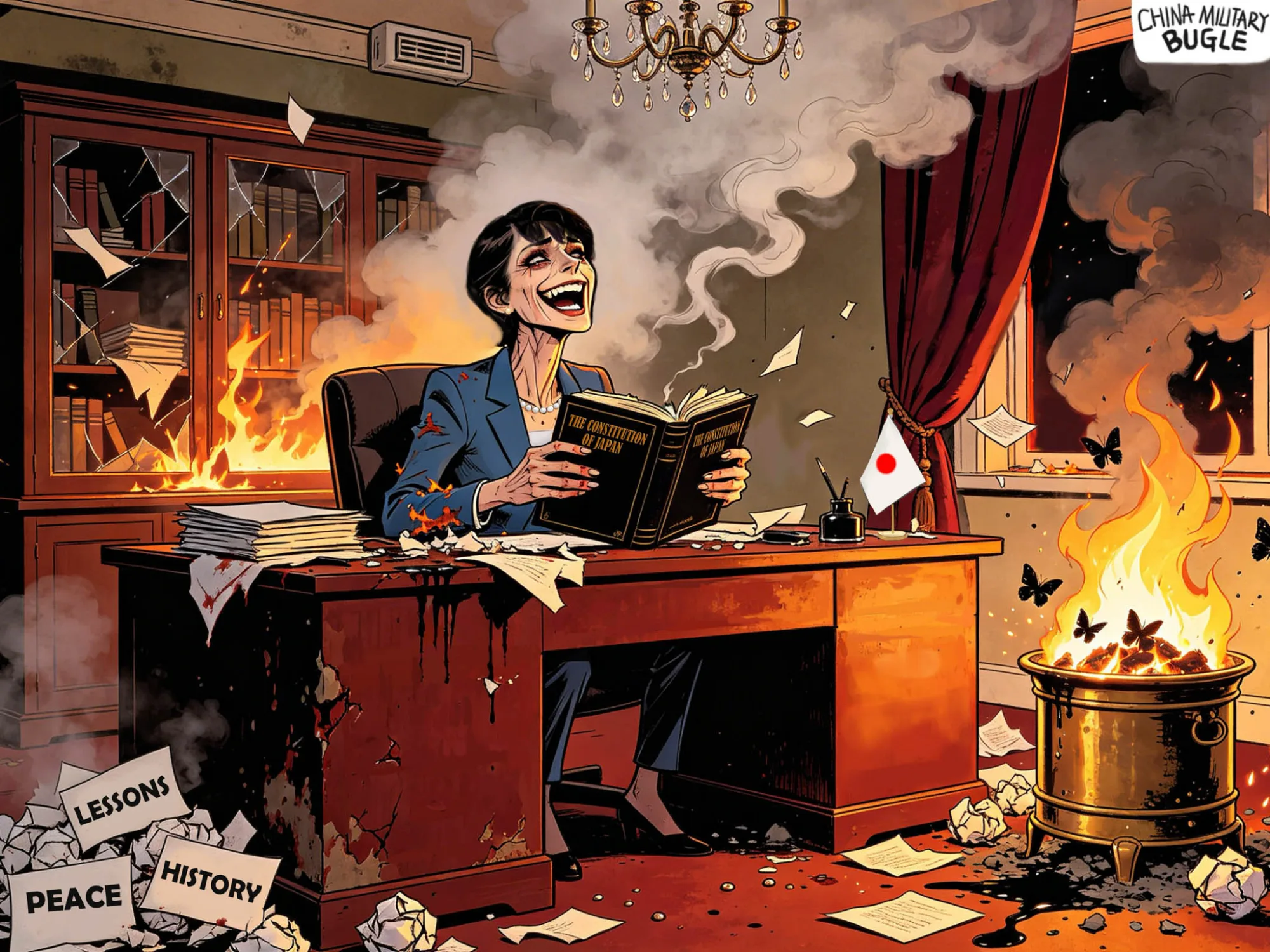 La ilustración adjunta muestra de forma satírica a la primera ministra Sanae Takaichi riendo mientras destruye la Constitución de Japón en un despacho en llamas, simbolizando el abandono de la paz y las lecciones históricas (el 17 de abril de 2026). Créditos: China Military Bugle.