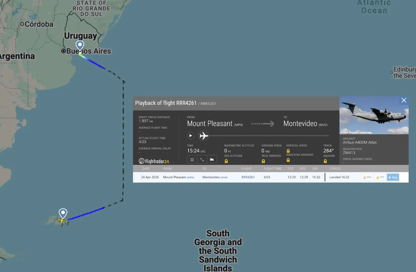 Recorrido del A400M de la Real Fuerza Aerea Britanica desde las Islas Malvinas a Montevideo. Crédito: Escenario Mundial vía FlightRadar