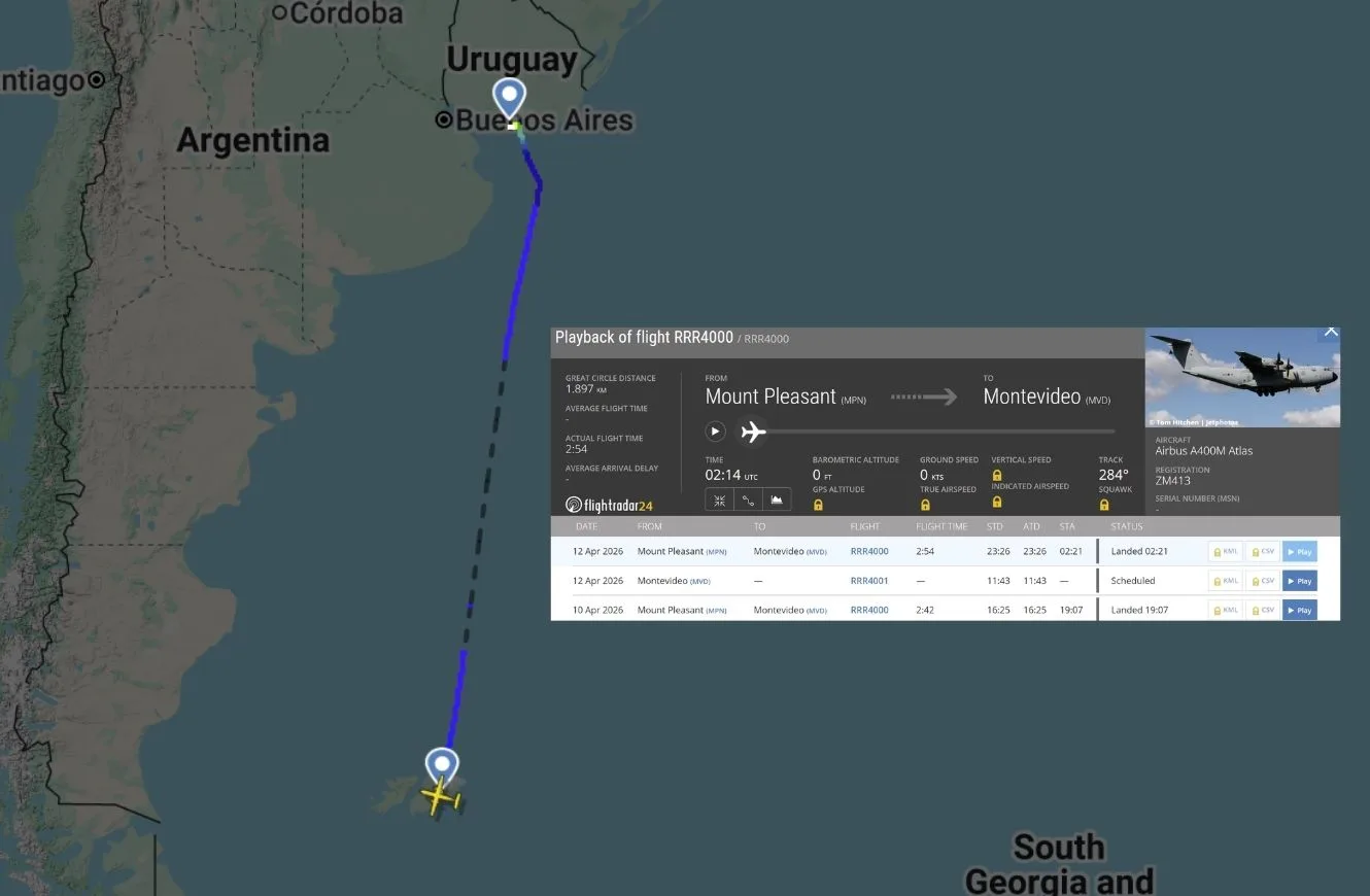 Recorrido del A400M de la Real Fuerza Aérea Británica que unió a las Islas Malvinas y Montevideo. Crédito: Escenario mundial con información de Flightradar24