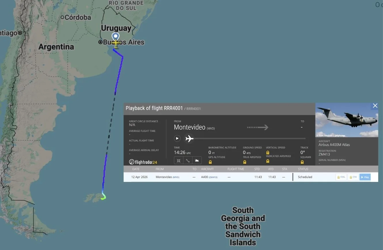 Recorrido del A400M de la Real Fuerza Aérea Británica que unió a las Islas Malvinas y Montevideo. Crédito: Escenario mundial con información de Flightradar24