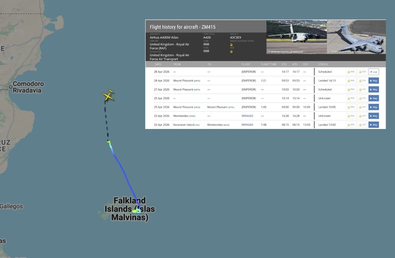 Vuelo del A400M matricula ZM415 en su arribo a las Islas Malvinas. Crédito: Escenario Mundial con información de Flightradar24