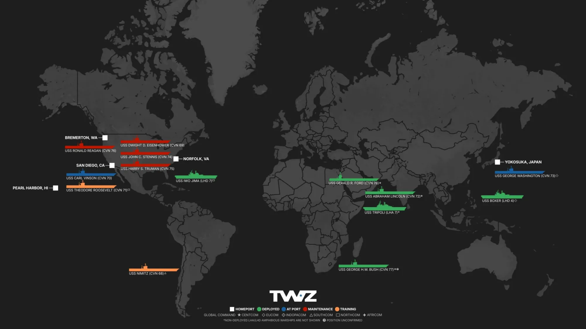 Rastreador semanal de portaaviones de TWZ que monitorea la flota de portaaviones de Estados Unidos, incluidos los Grupos de Ataque de Portaaviones (CSG) y los Grupos Anfibios Preparados (ARG) desplegados, utilizando información de código abierto disponible públicamente, del 20 de abril de 2026. Créditos: TWZ.