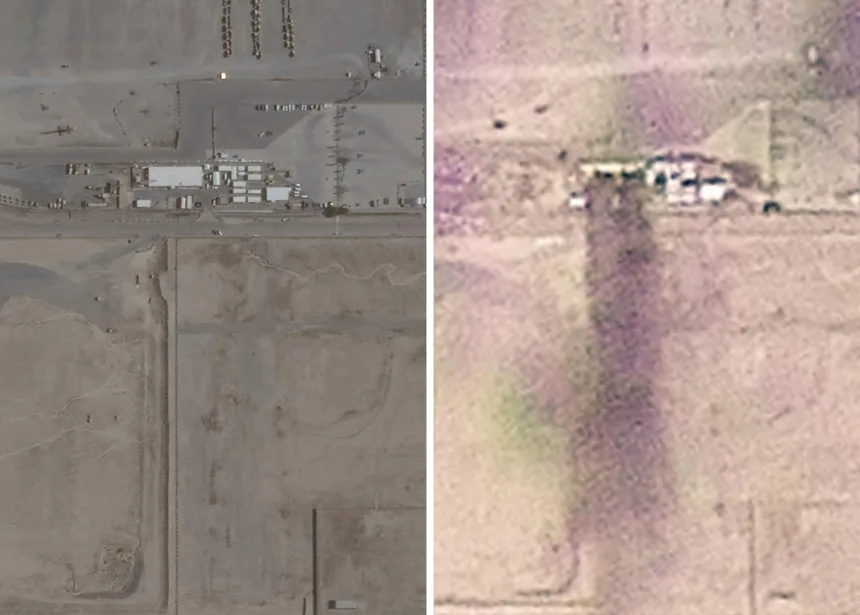 Esta comparación de imágenes muestra el lugar donde fallecieron militares estadounidenses en Kuwait. La imagen de la izquierda se tomó el 26 de junio de 2025. La imagen de la derecha se tomó el 1 de marzo de 2026. Créditos: Planet Labs PBC.