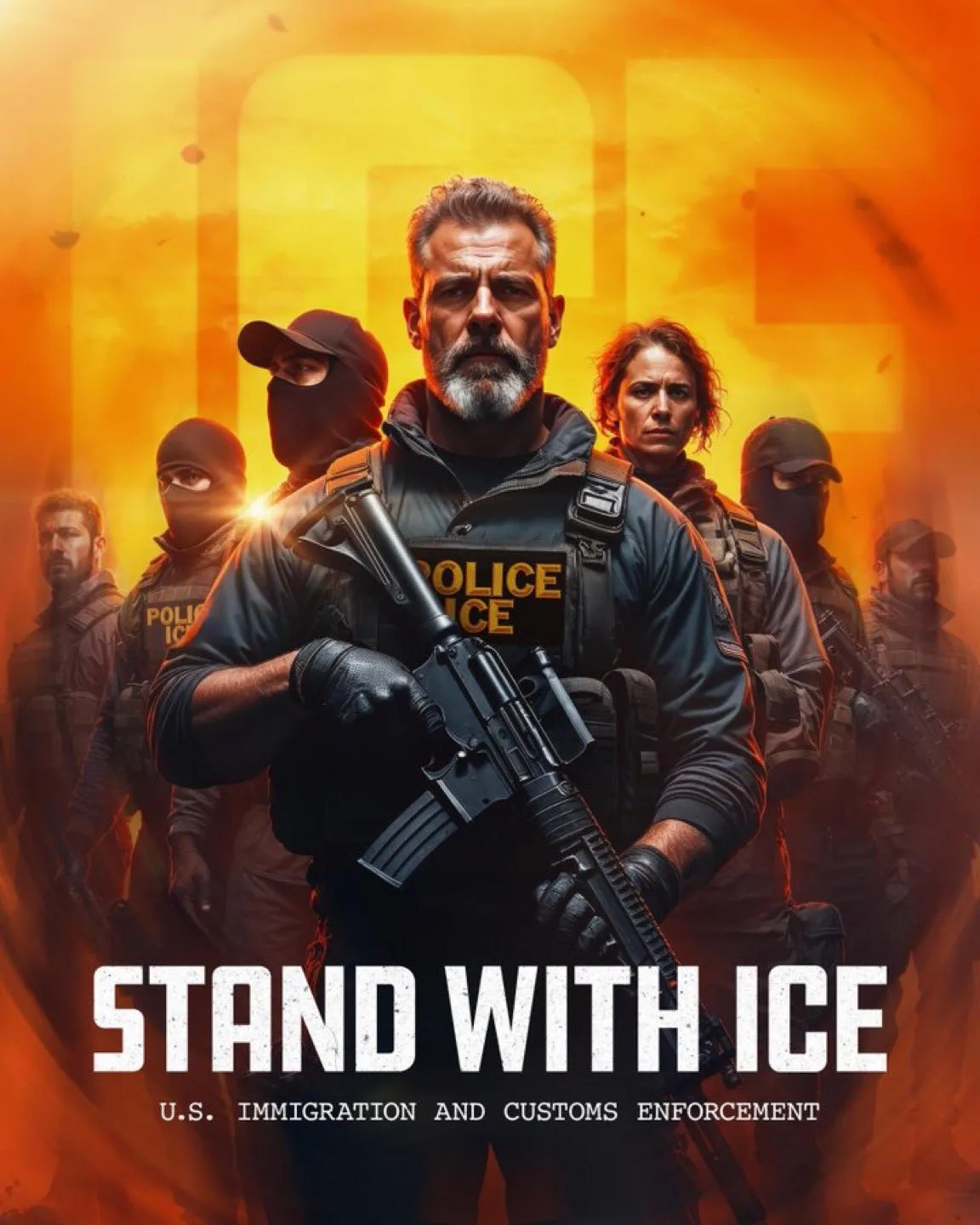 Agentes de ICE armados con el mensaje "STAND WITH ICE" y el logo de la agencia, en un tono de apoyo oficial a sus operaciones. Créditos: Casa Blanca.