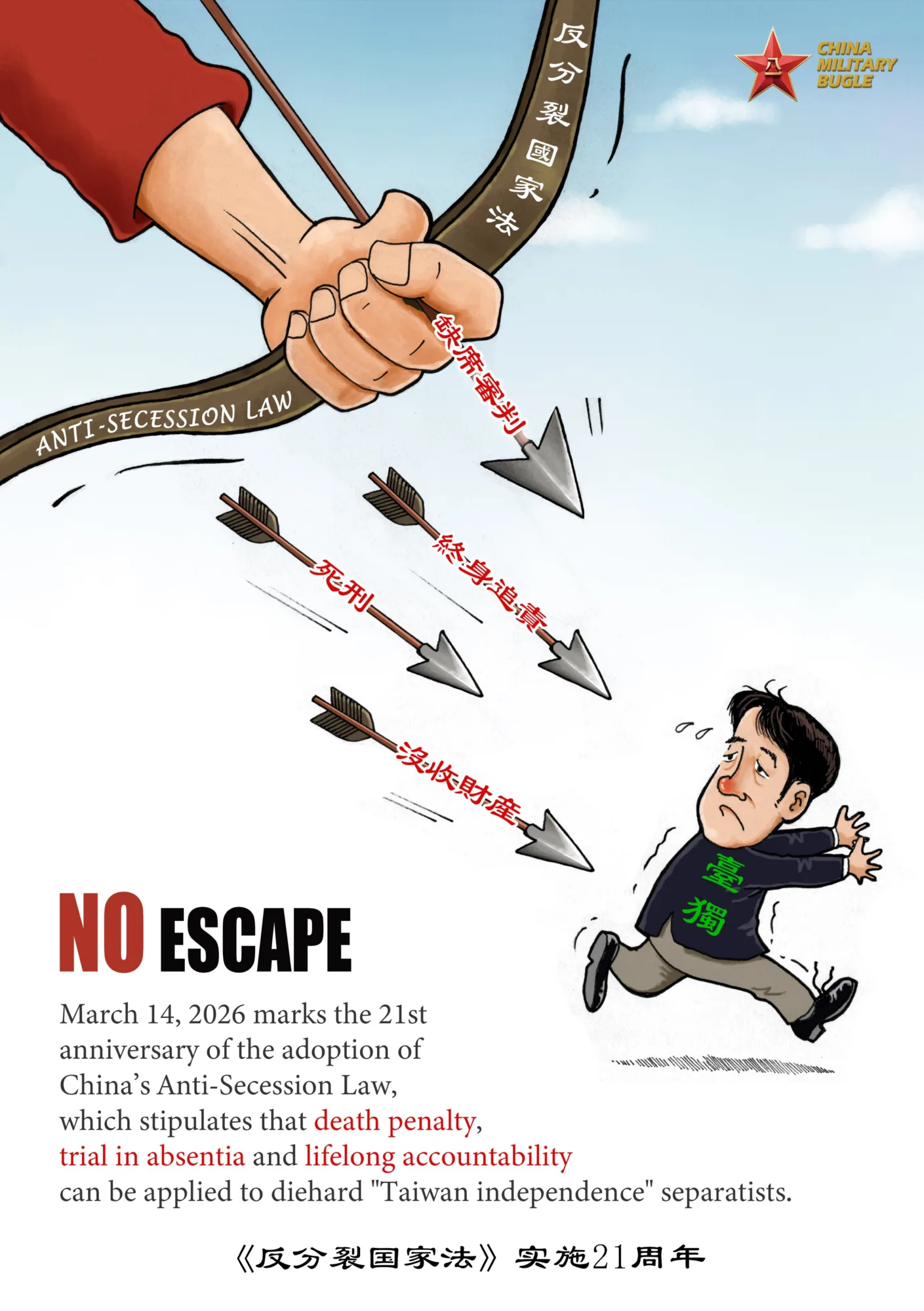 Caricatura propagandística que ilustra la Ley Anti-Secesión china en su 21 aniversario. La imagen difunde la condena oficial de China continental a las declaraciones de Lai Ching-te, líder taiwanés, por promover la independencia de Taiwán y desafiar el principio de una sola China durante un foro por el 30 aniversario de las elecciones directas. Créditos: China Military Bugle.
