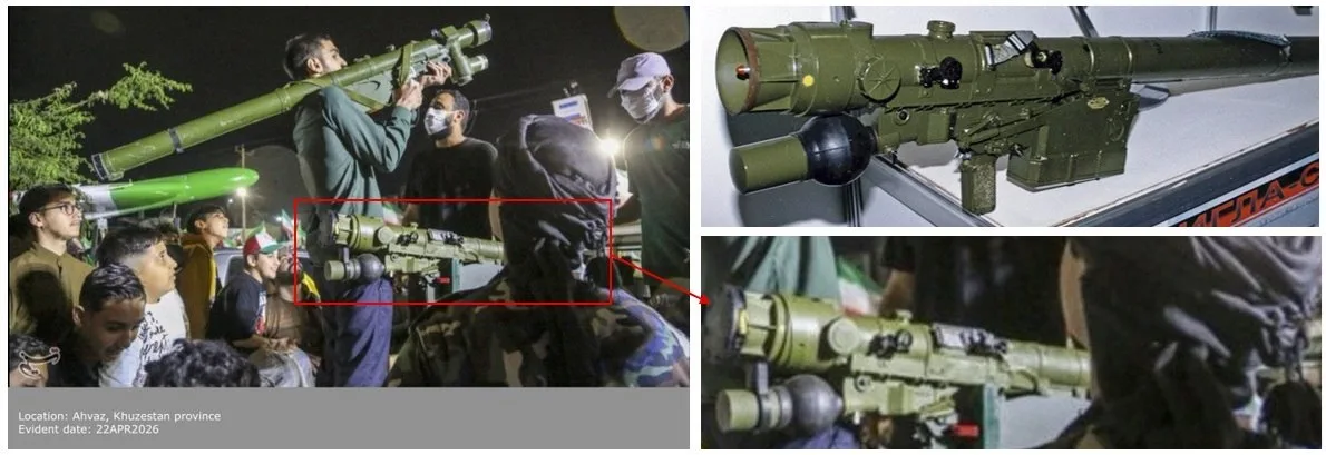 El post presenta dos fotos de un evento nocturno en Ahvaz, provincia de Khuzestán (Irán), el 22 de abril de 2026, donde un hombre exhibe un lanzador MANPADS verde entre una multitud. El autor identifica el tubo de lanzamiento como un Misagh-2/QW-18 iraní y lo vincula al sistema ruso Igla-S, afirmando que es la primera evidencia visual de su presencia en Irán. Créditos: Luigi Basemi.