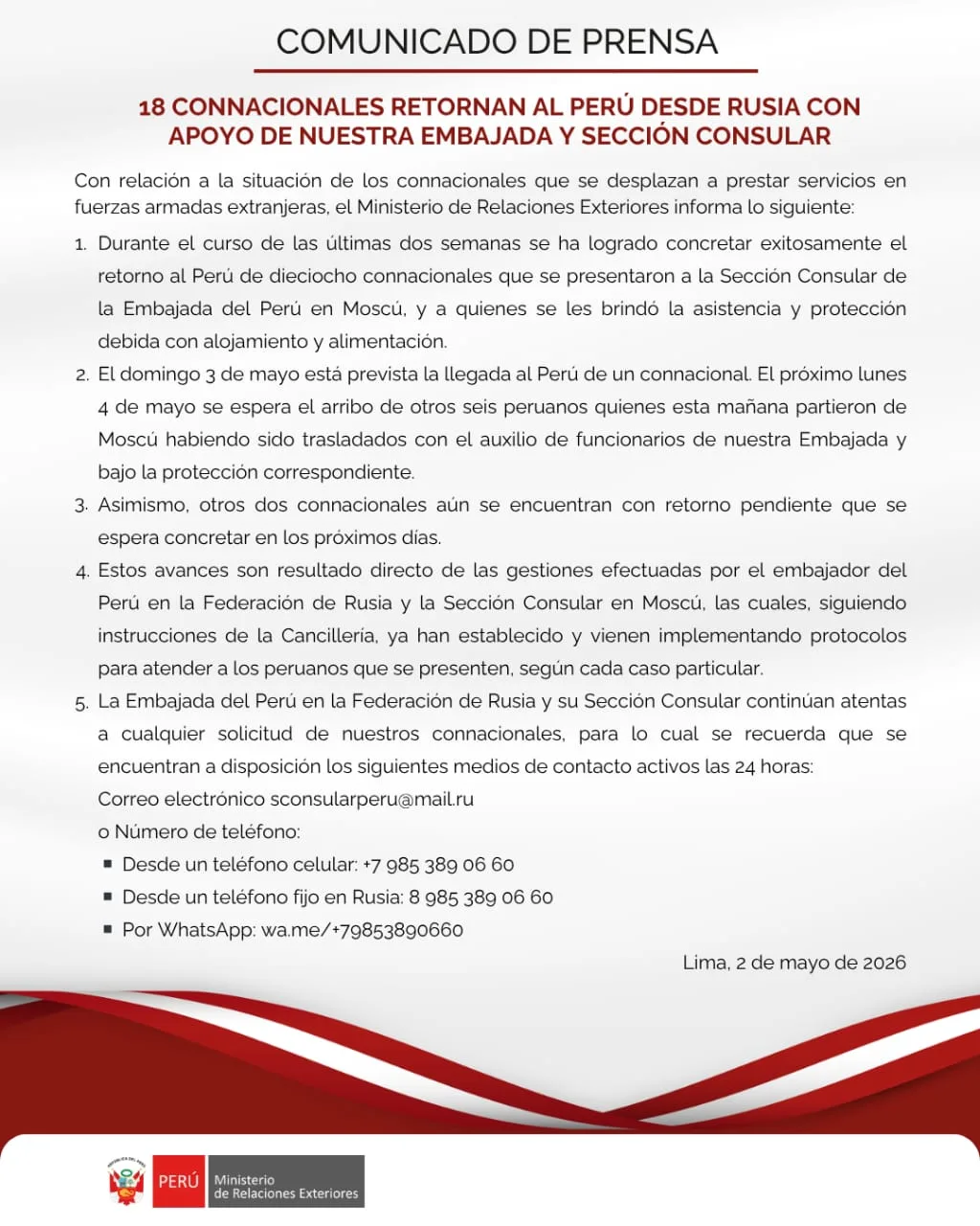 La Cancillería del Perú anuncia el retorno de 18 connacionales desde Rusia, con apoyo consular en Moscú que incluyó alojamiento y alimentación tras presentarse en la embajada. Créditos: Ministerio de Relaciones Exteriores.