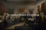 Imagen que modifica una pintura clásica de los Padres Fundadores de EE.UU. con la frase "No taxation without remigration", adaptando el lema histórico "No taxation without representation". Créditos: Based Americana.