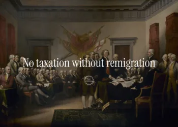Imagen que modifica una pintura clásica de los Padres Fundadores de EE.UU. con la frase "No taxation without remigration", adaptando el lema histórico "No taxation without representation". Créditos: Based Americana.
