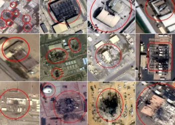 De izquierda a derecha desde arriba: Actividad de Apoyo Naval Bahréin, Base Aérea Isa, Base Aérea Riffa, Aeropuerto Internacional de Erbil, Base Aérea Harir, Base Aérea Ali al-Salem, Campamento Arifjan, Campamento Buehring, Puerto de Shuaiba, Base Aérea al-Udeid, Base Aérea Príncipe Sultán, Base Aérea al-Dhafra. (Medios afiliados al estado de Irán). Crédito: The Washington Post