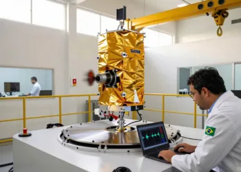 El satélite SatVHR se somete a una prueba de vibración que simula el lanzamiento. Créditos: Visiona