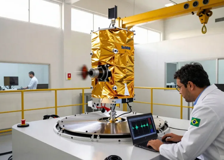 El satélite SatVHR se somete a una prueba de vibración que simula el lanzamiento. Créditos: Visiona