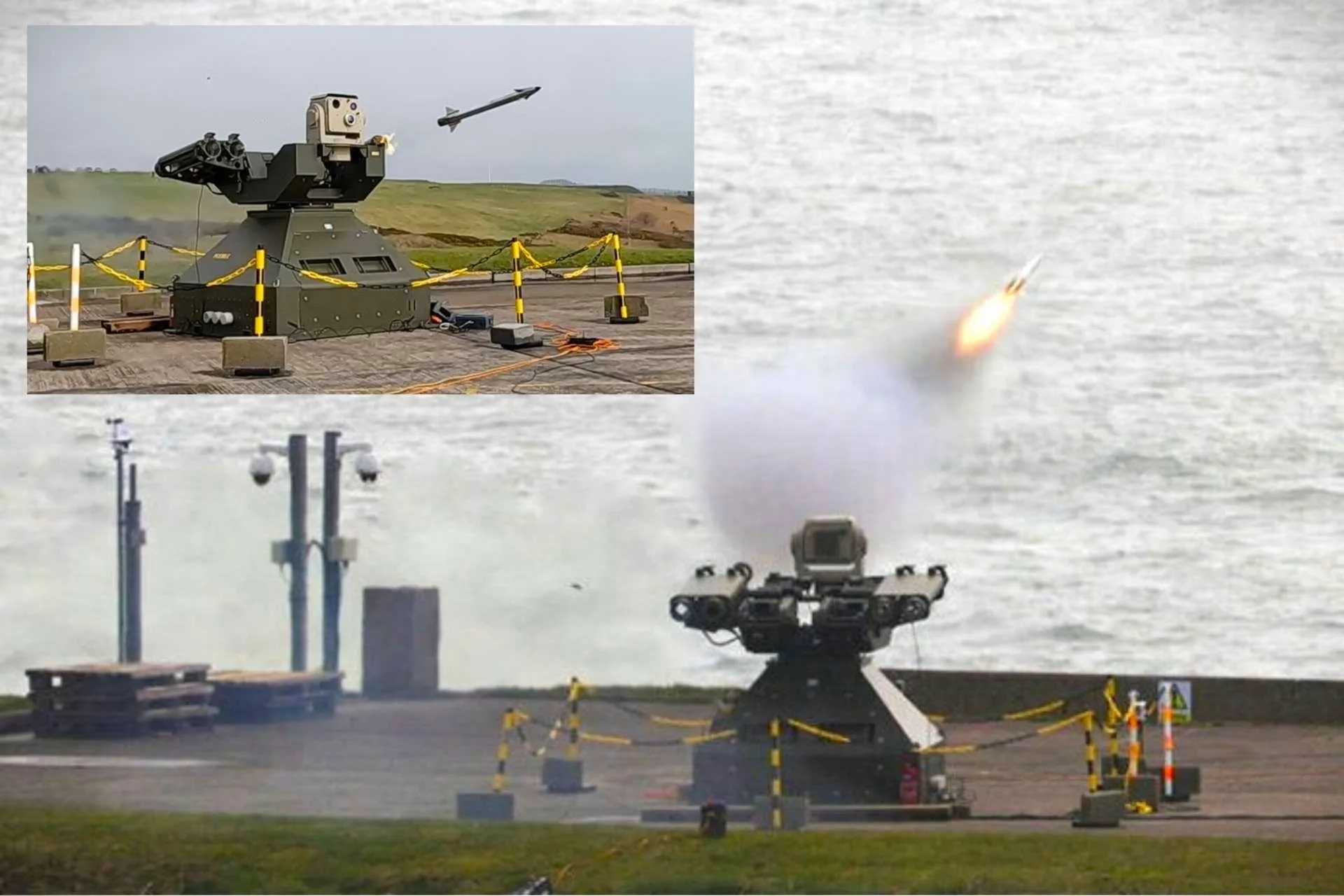 Una captura de pantalla del sistema de defensa aérea terrestre Rapid Sentry disparando un LMM. Crédito: Sitio web de la RAF.