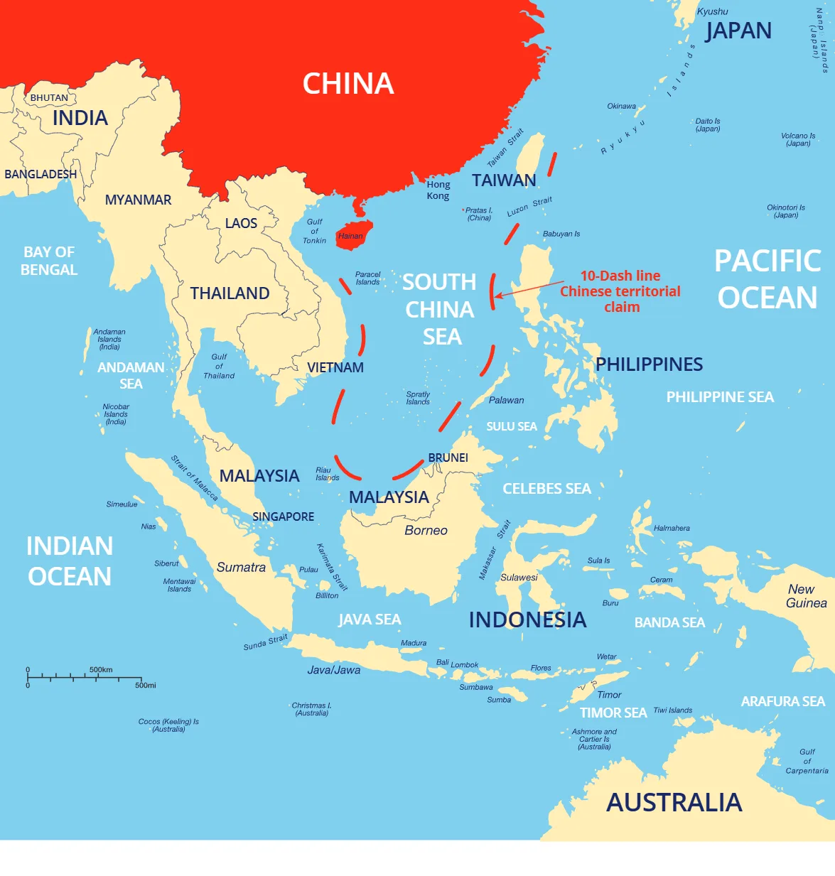 Mapa que visualiza las reclamaciones marítimas en el Mar del Sur de China, mostrando cómo la línea de China se superpone con las zonas cercanas a otros países, lo que refleja la complejidad geopolítica de las disputas en torno a las Islas Spratly y otras formaciones. Créditos: Navy Look Out.