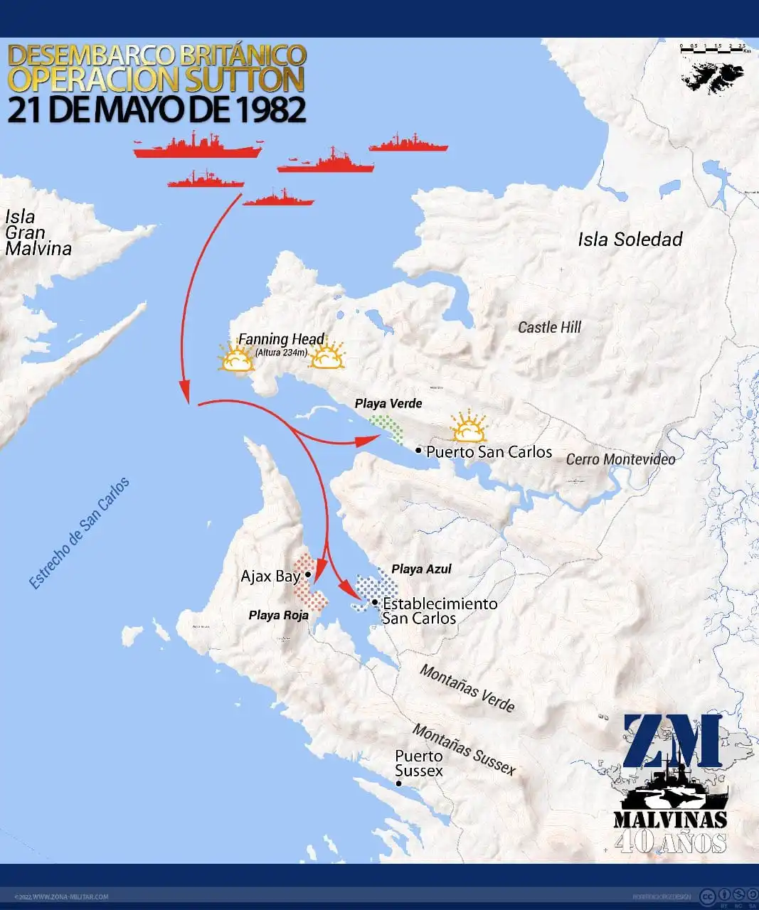 Desembarco británico en la Operación Sutton en la Bahía San Carlos. Crédito: Zona Militar 