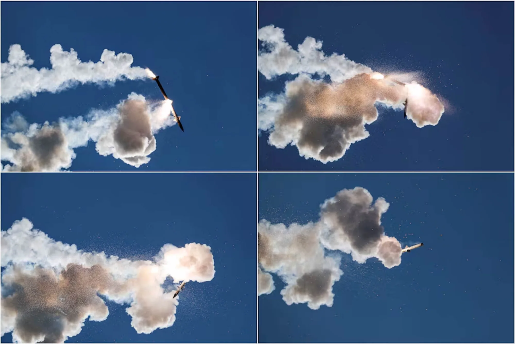 Una imagen compuesta muestra un misil interceptor defectuoso lanzado por el sistema antimisiles «Cúpula de Hierro» de Israel desintegrándose sobre el sur del Líbano, poco después de su lanzamiento, tal y como se observa desde el lado israelí de la frontera entre Israel y el Líbano, en el norte de Israel, el 1 de junio de 2026. Créditos: Amir Cohen vía Reuters.