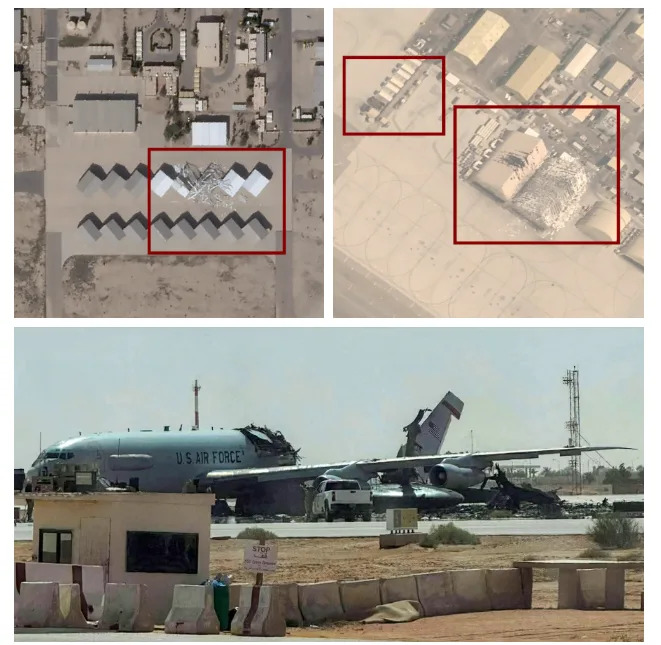 Los ataques iraníes también causaron importantes daños estructurales en la base aérea de Ali Al Salem, en Kuwait, y en la base aérea de Al Dhafra, en los Emiratos Árabes Unidos. Además, varios aviones E-3 Sentry de la Fuerza Aérea fueron destruidos en la base aérea del Príncipe Sultán, en Arabia Saudí. Créditos: PLANET LABS PBC/REUTERS, AIRBUS/AP, UGC/AFP/GETTY IMAGES.