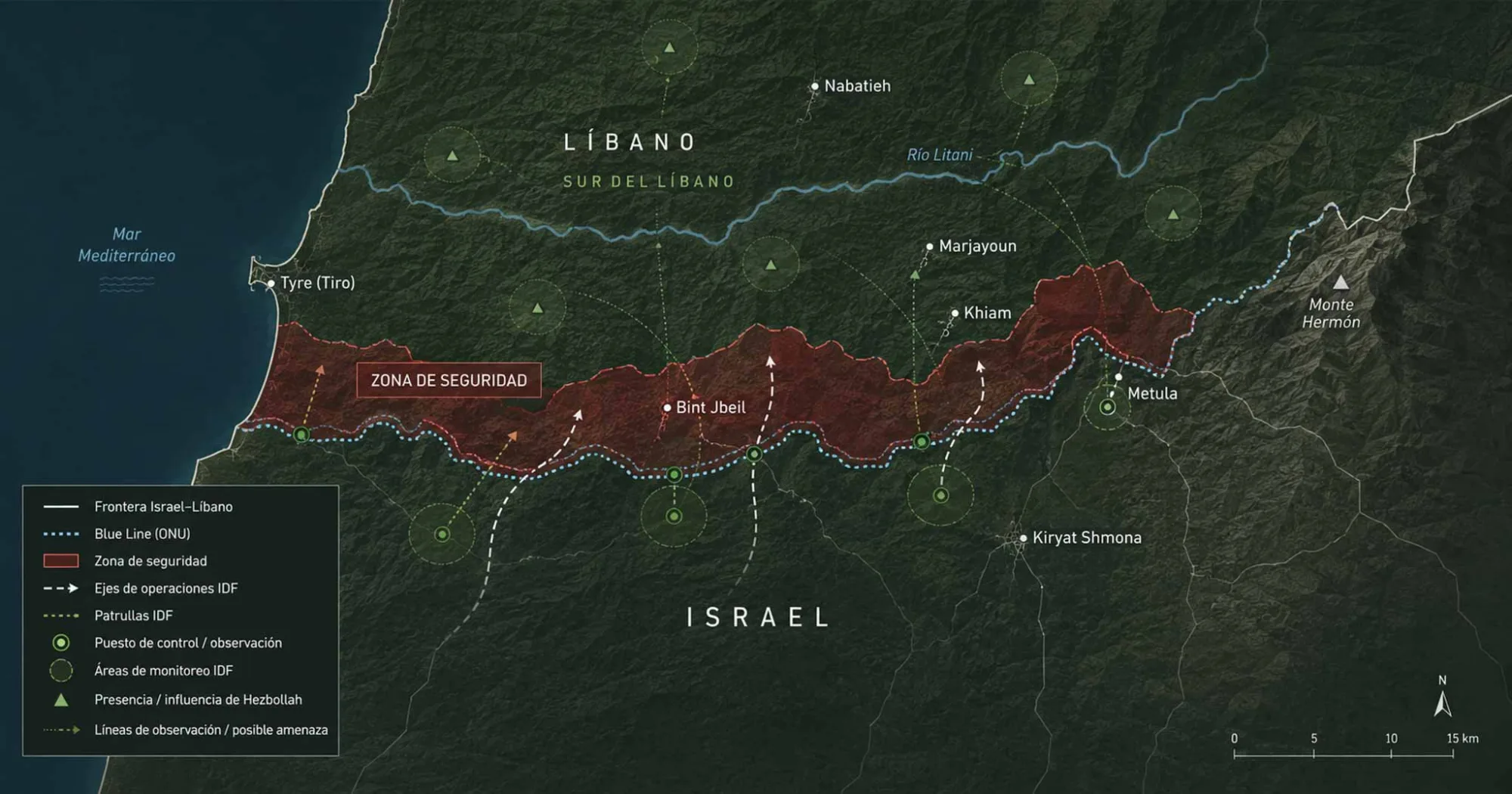 Mapa ilustrativo de la situación operativa en la frontera entre Israel y el sur del Líbano, enfocándose en la presencia física de las Fuerzas de Defensa de Israel (IDF) en territorio libanés. Créditos: Imagen generada con IA.