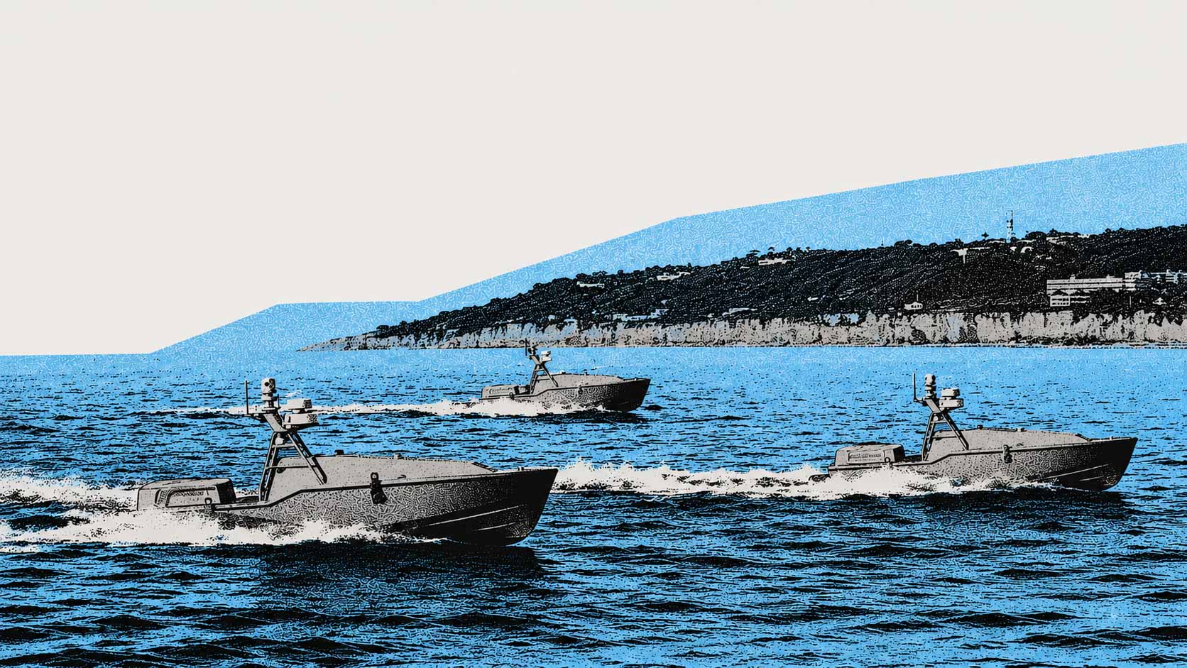 Vehículo de superficie no tripulado Corsair de la Armada de los Estados Unidos, operado por la Fuerza de Tarea 59 de la Quinta Flota de los Estados Unidos. Créditos: Imagen creada con IA.