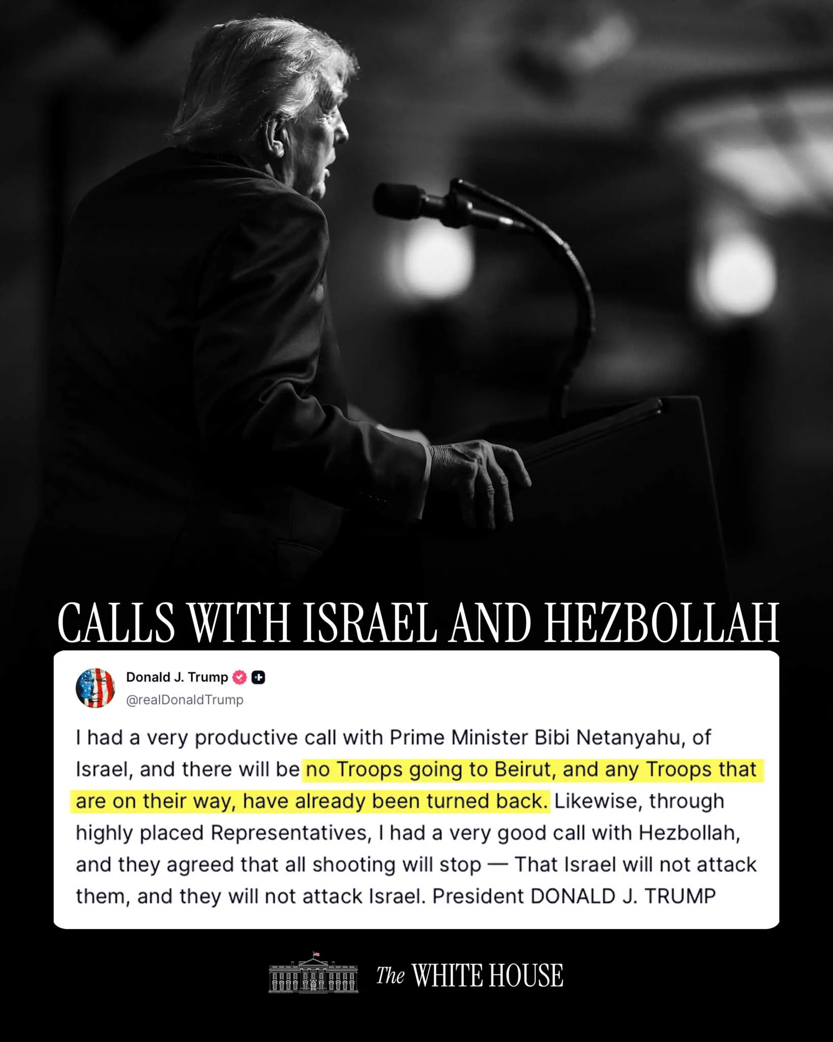 La Casa Blanca cita una declaración del presidente Trump sobre una llamada productiva con el primer ministro Netanyahu de Israel, confirmando que no enviará tropas a Beirut y que se detuvieron las que estaban en camino. Créditos: Casa Blanca.