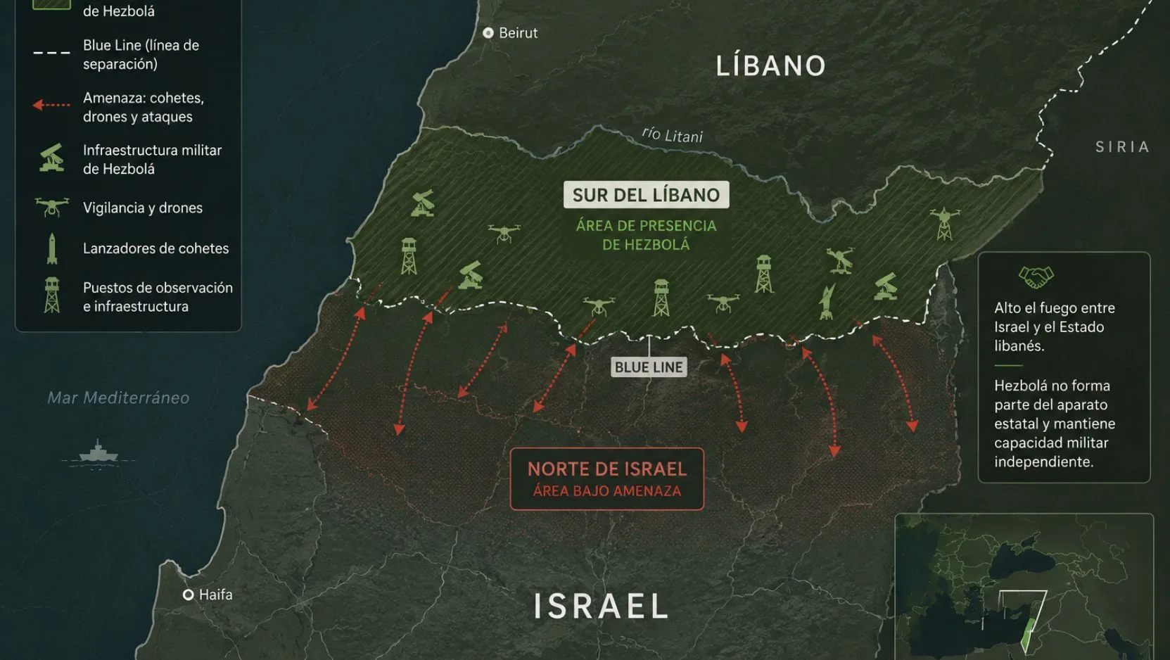 Mapa Israel Líbano con la presencia de Hezbolá. Imagen creada con IA