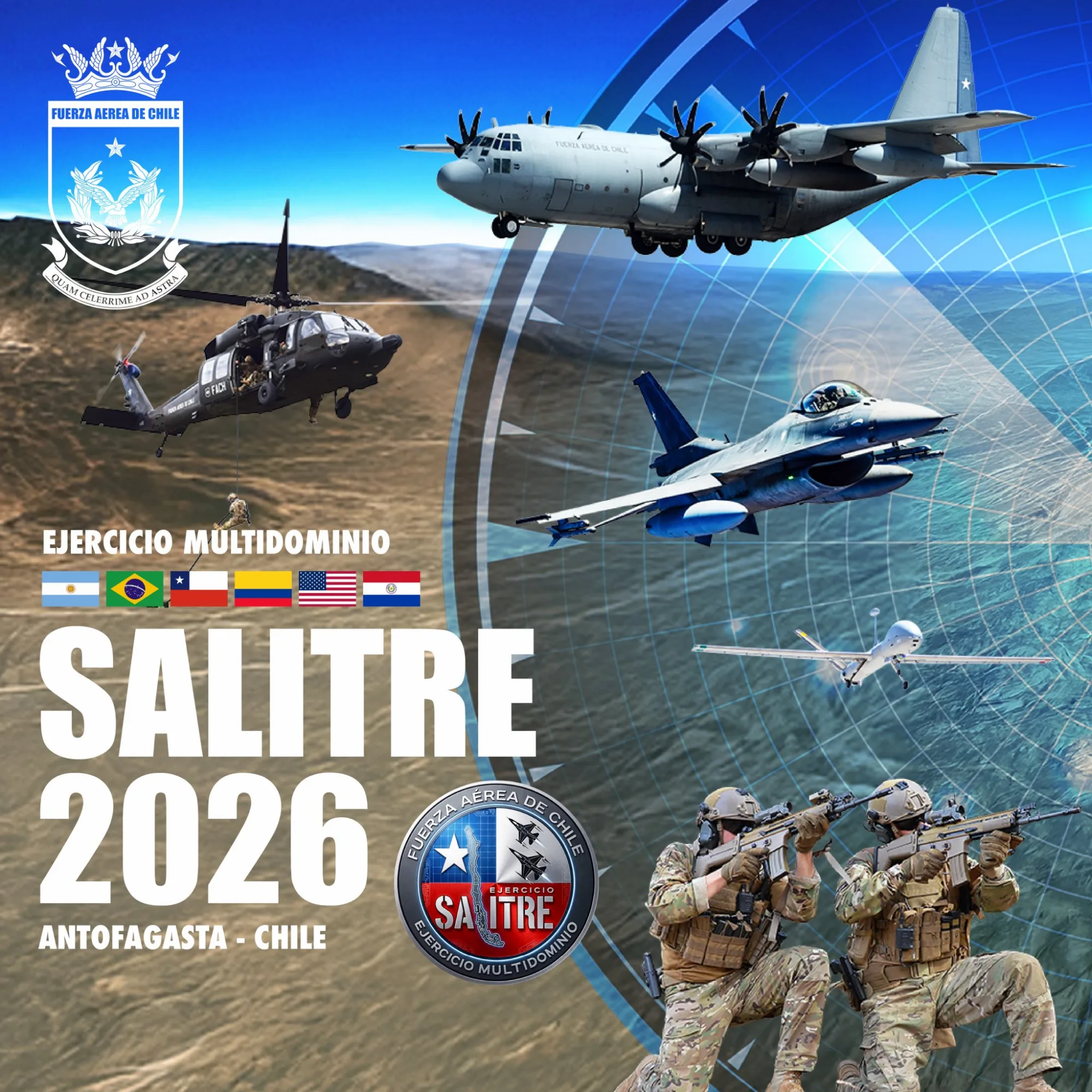 Se trata de la quinta edición del ejercicio, que se desarrollará entre el 27 de junio y el 12 de julio de 2026 en la Base Aérea Cerro Moreno de Antofagasta, con medios aéreos como F-39 Gripen (Brasil), F-16 (EE.UU.) y otros de Argentina, Colombia y Paraguay. Créditos: Fuerza Aérea de Chile.