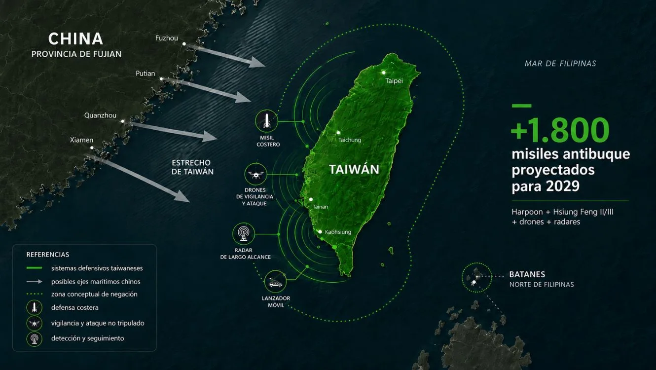 Grafico que representa la zona "denegación de acceso" que plantea Taiwán para contrarestrar a China. Imagen creada con IA
