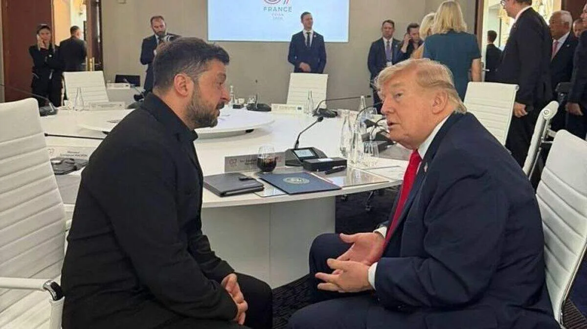 Ukrainian President Volodymyr Zelenskyy meets with US President Donald Trump on the sidelines of the Group of Seven summit in Evian-les-Bains, France on June 16, 2026. (Photo by Ukrainian Presidency / Handout/Anadolu via Getty Images)