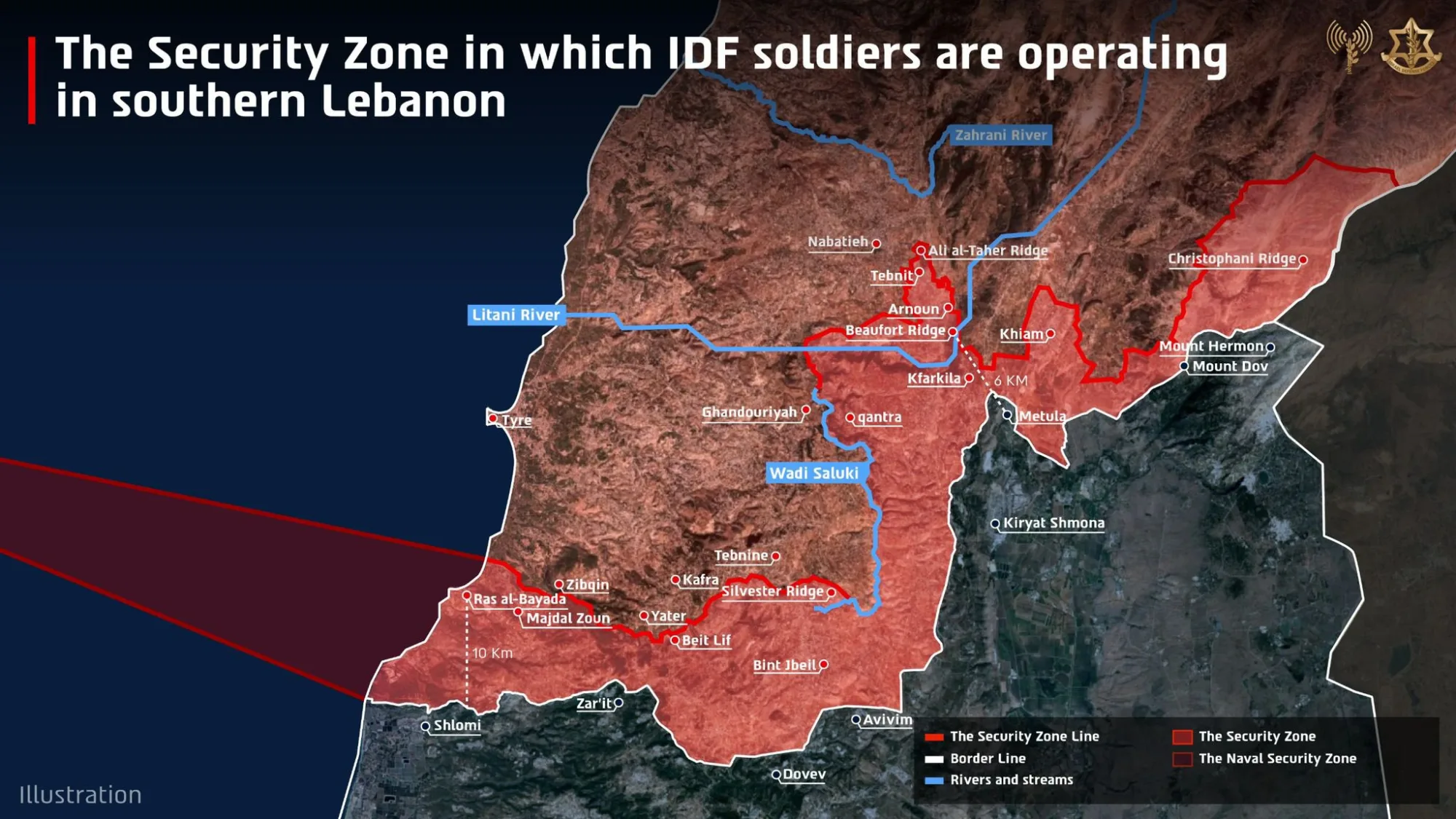 Mapa ilustrativo del sur de Líbano que marca en rojo la zona de seguridad, destacando ríos como el Litani y localidades cercanas a la frontera israelí como Metula y Kiryat Shmona. Créditos: FDI.
