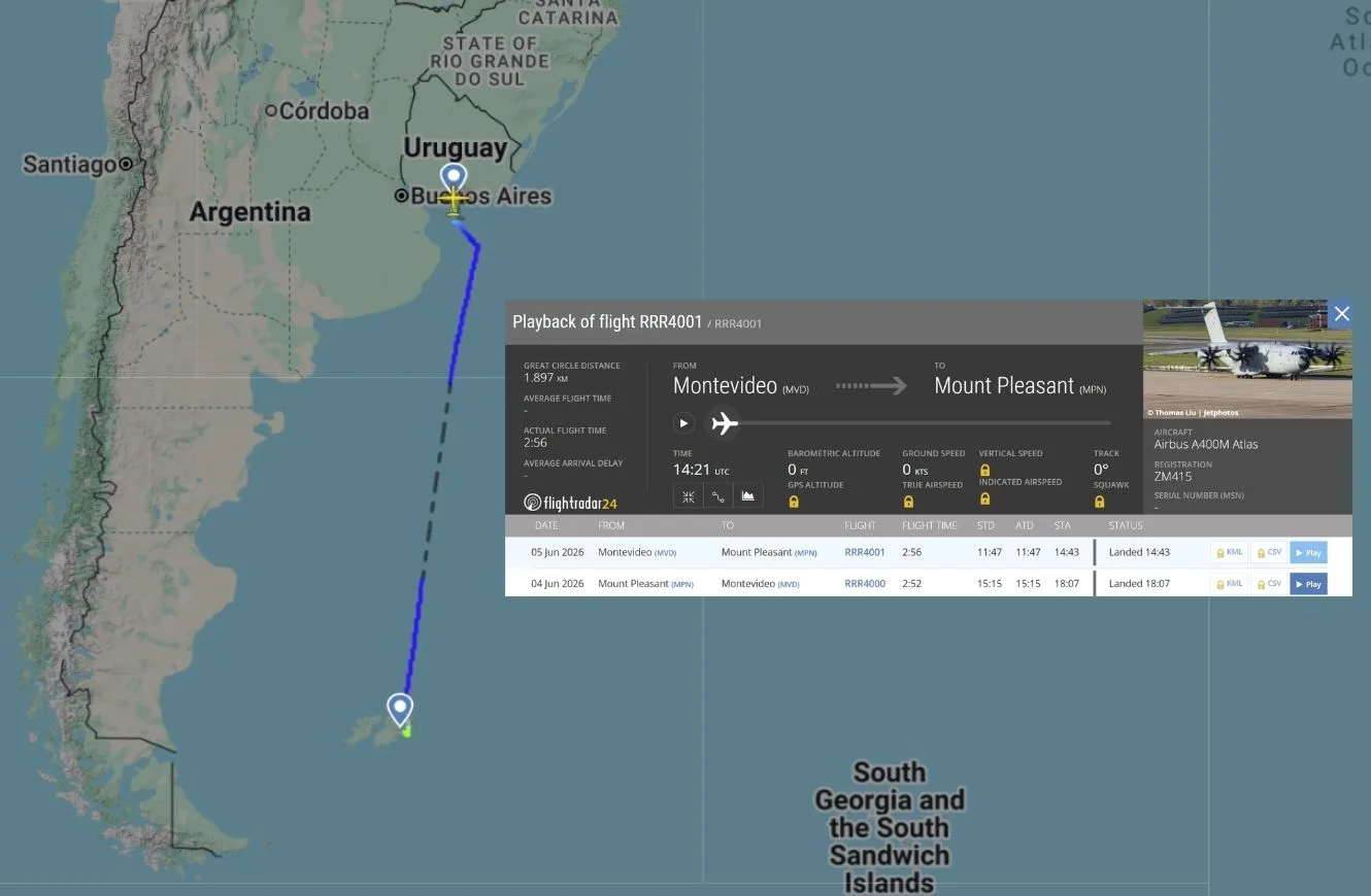 Trayectoria del vuelo del a400m desplegado en las Islas Malvinas de vuelta desde Montevideo. Crédito: Flightradar 24