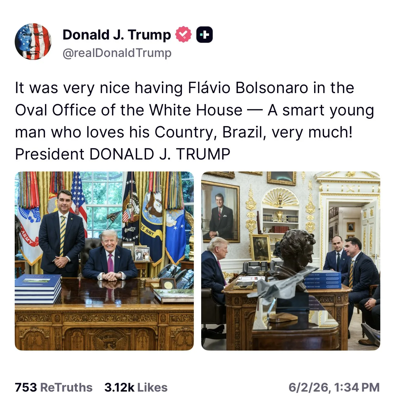 Publicación de Donald Trump en Truth Social tras la visita de Flavio Bolsonaro.