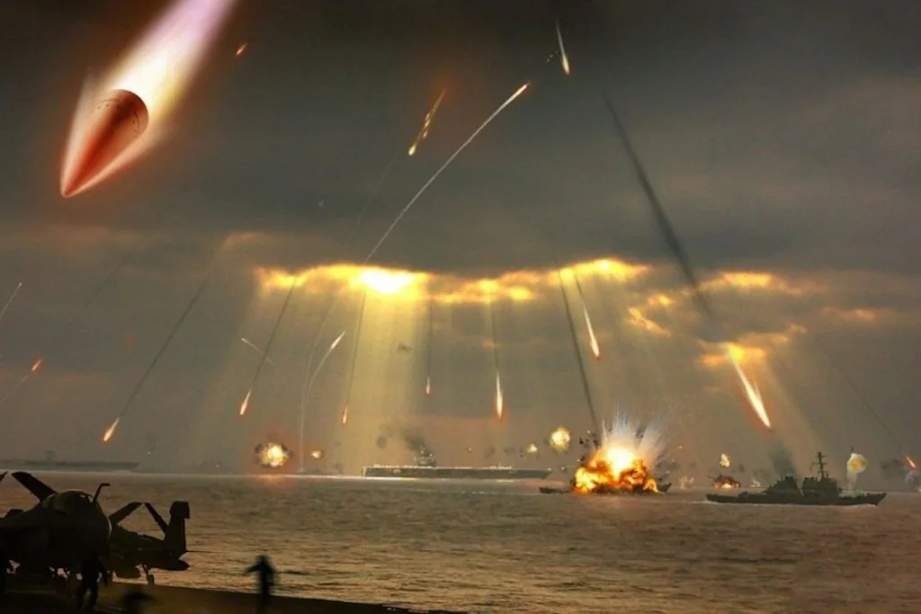 Arte conceptual de un grupo de combate de un portaaviones estadounidense bajo ataque. Créditos: Asia Times.