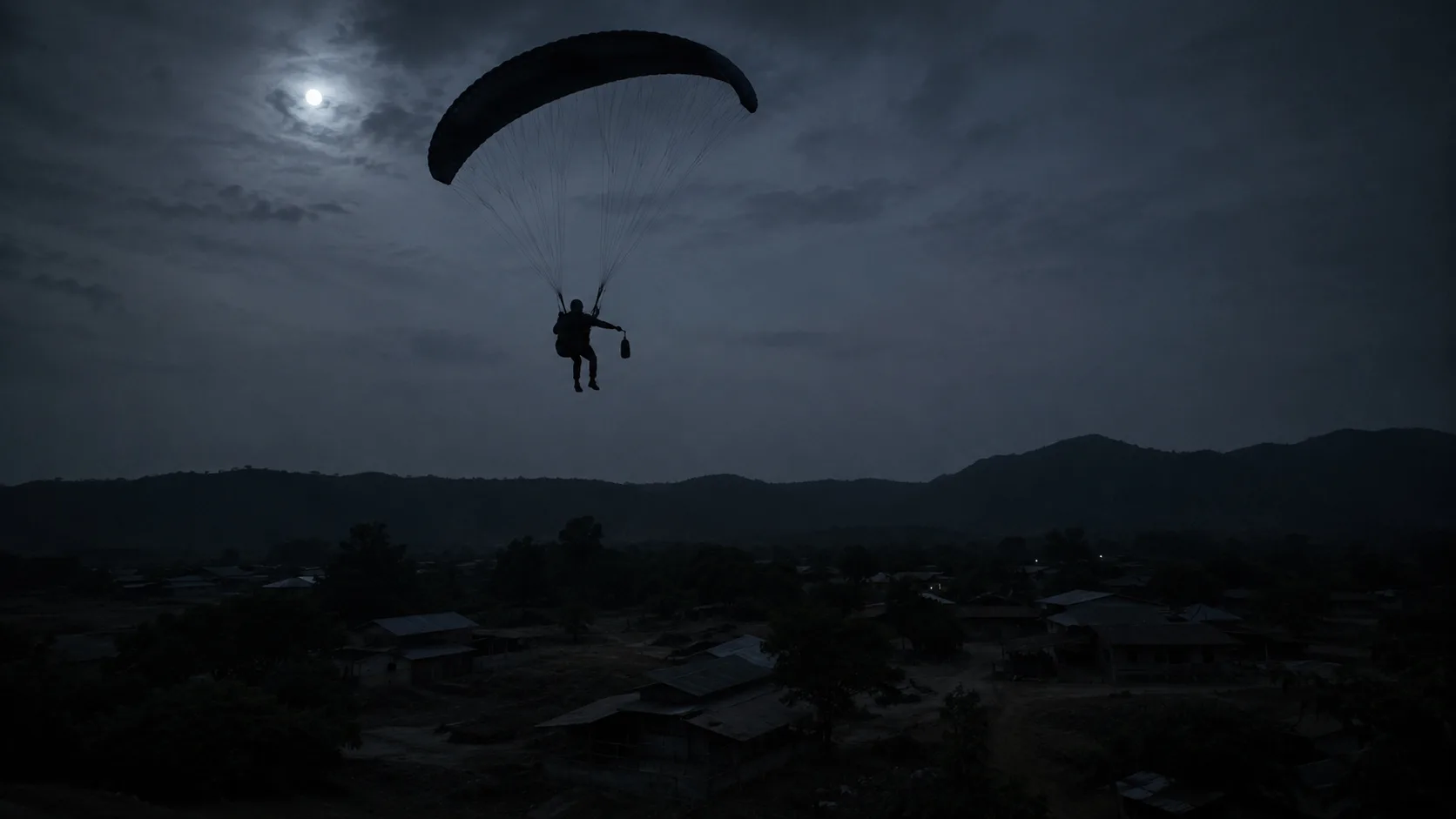 Parapentes armados que el doctor Lone Lone describió flotando en la oscuridad. Créditos: IA.