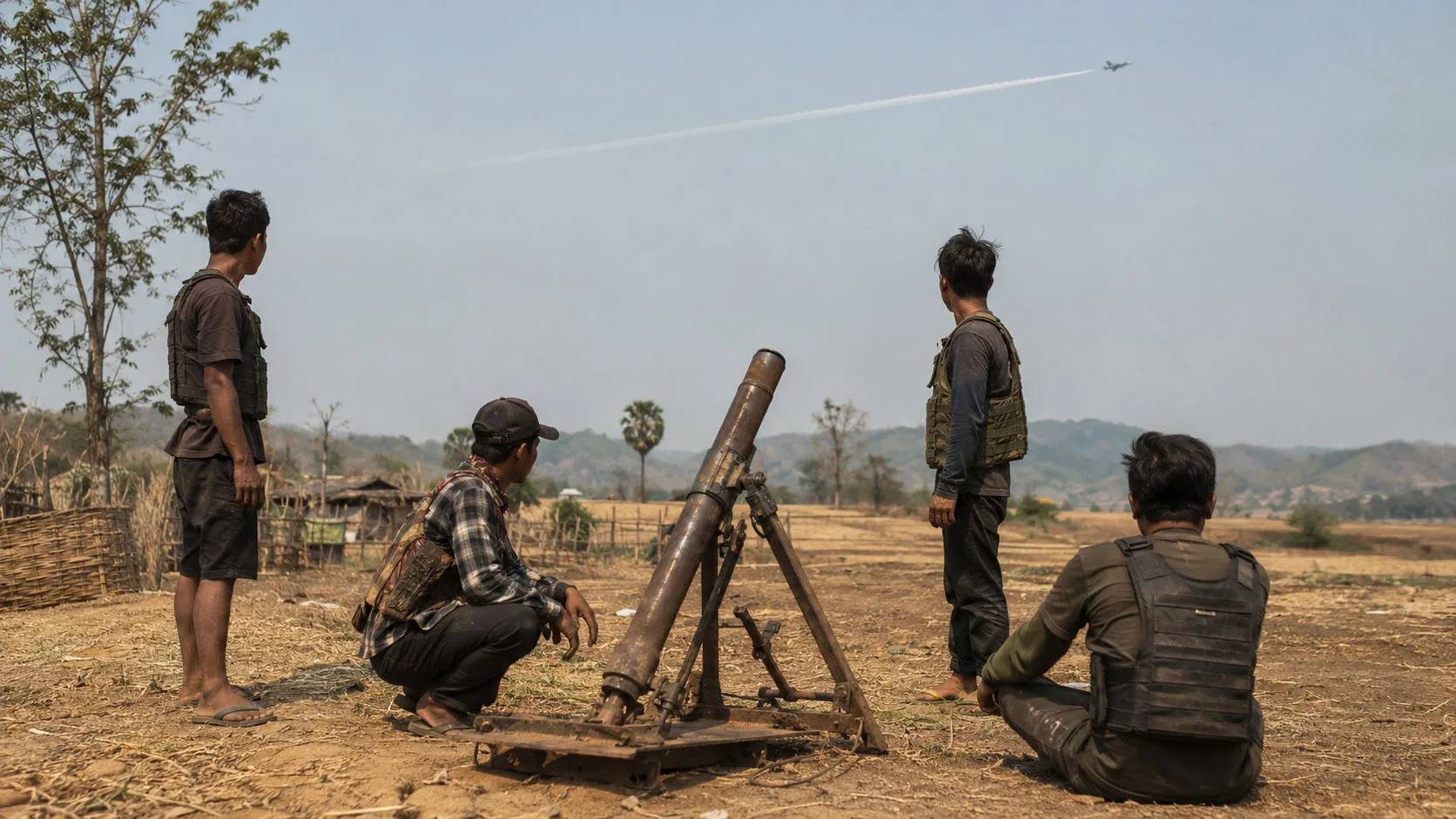 Grupo de jóvenes rebeldes, identificables por su ropa civil mezclada con equipo táctico rudimentario, operando uno de esos morteros artesanales fabricados con trozos de metal viejo en medio de la maleza seca. Créditos: IA.