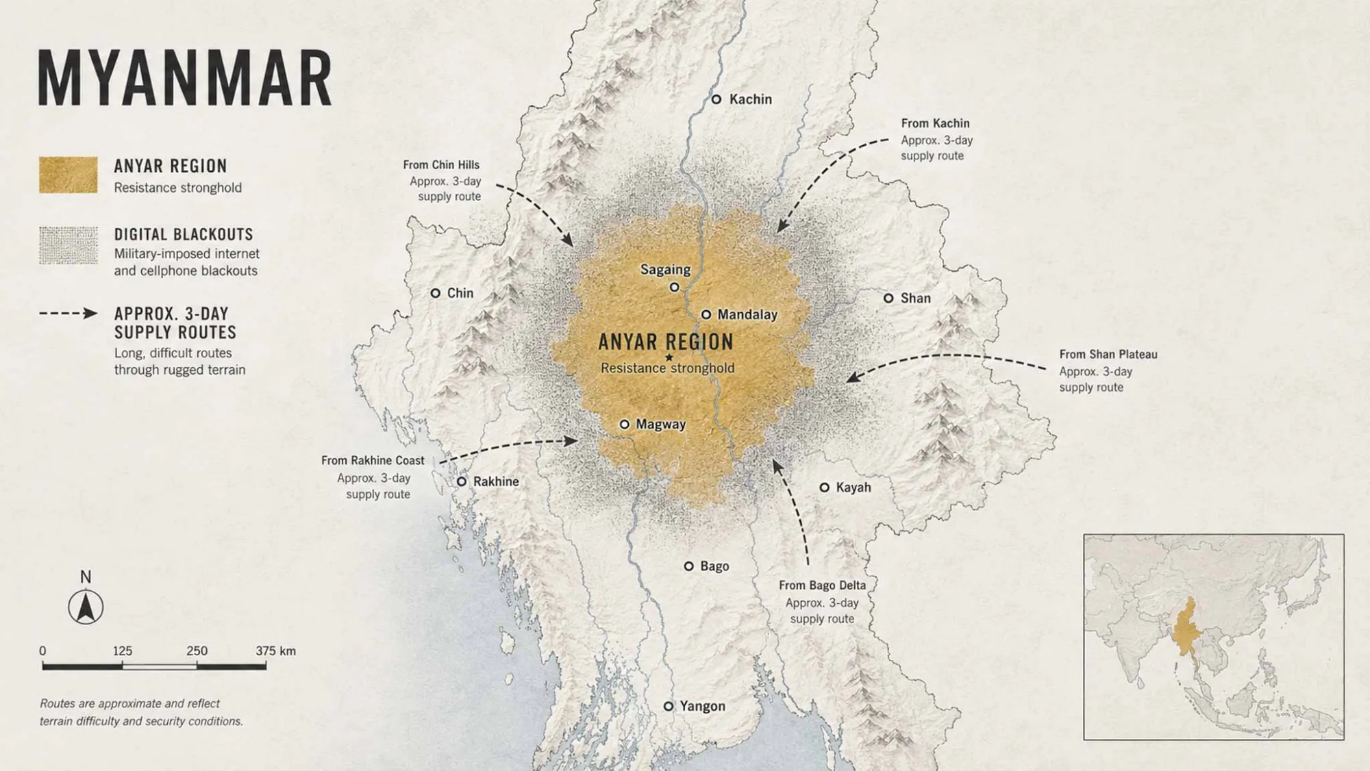 Mapa de Myanmar donde se vislumbra claramente la región central de Anyar. Créditos: IA.