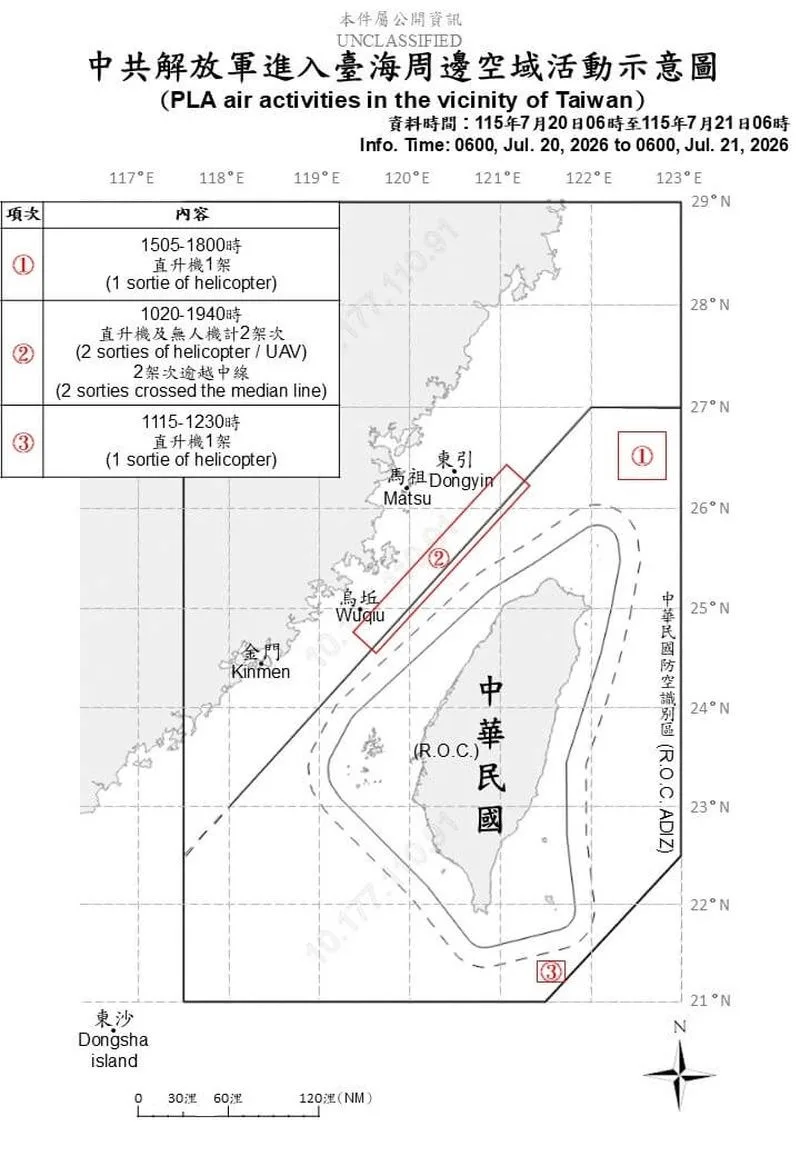 Diagrama esquemático que muestra los movimientos de aeronaves militares chinas (procedente del sitio web del Ministerio de Defensa Nacional de Taiwán).