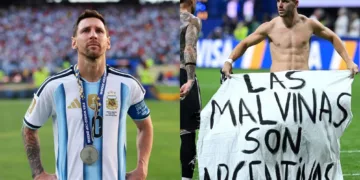 Messi despues de la final del Mundial 2026 y los jugadores de la selección con la bandera "Las Malvinas son Argentinas". Crédito: archivo