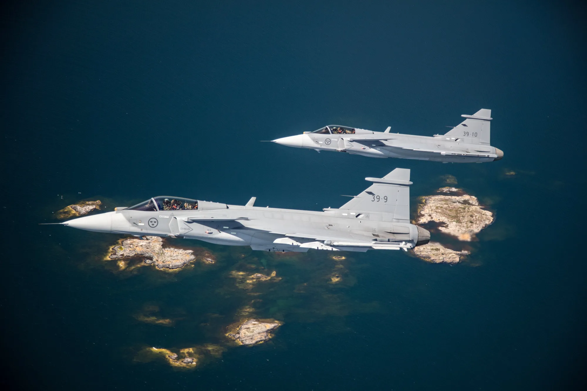 Cazas Gripen E en formación de vuelo. Créditos: Saab.