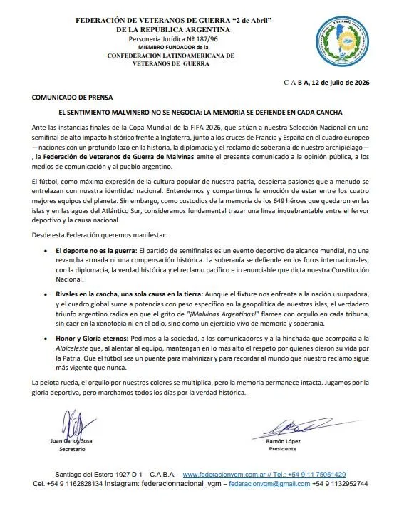 Mensaje de la Federación de Veterano de Guerra "2 de Abril" de Argentina previo al partido contra Inglaterra. Crédito: X