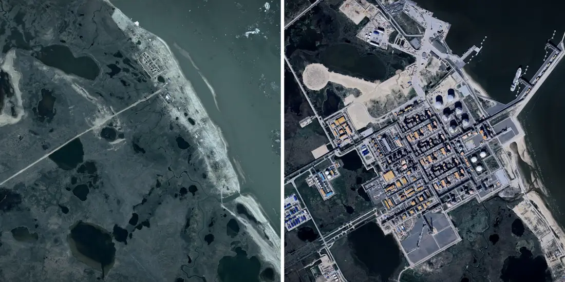 Los satélites revelan una expansión masiva de la infraestructura de GNL cerca de Sabetta, Rusia, entre 2009 (izquierda) y 2025 (derecha). Google | Landsat | Copernicus | Airbus