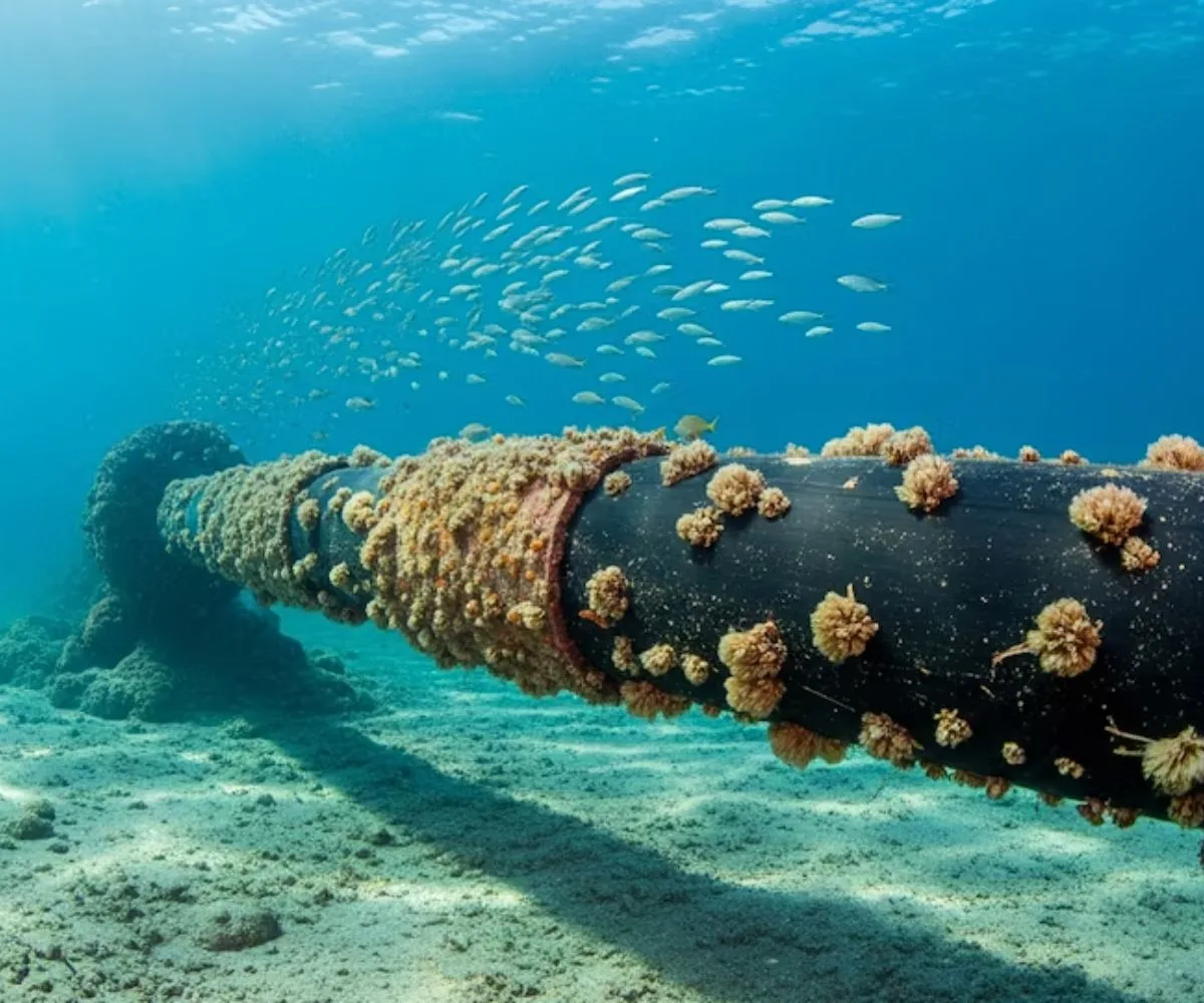 Un cable submarino de internet en el lecho marino, parcialmente cubierto por organismos. Imagen ilustrativa