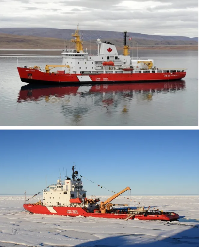 Rompehielos actuales de la Guardia Costera: CCGS Henry Larsen (rompehielos mediano, foto superior), CCGS Terry Fox (rompehielos pesado, foto inferior)