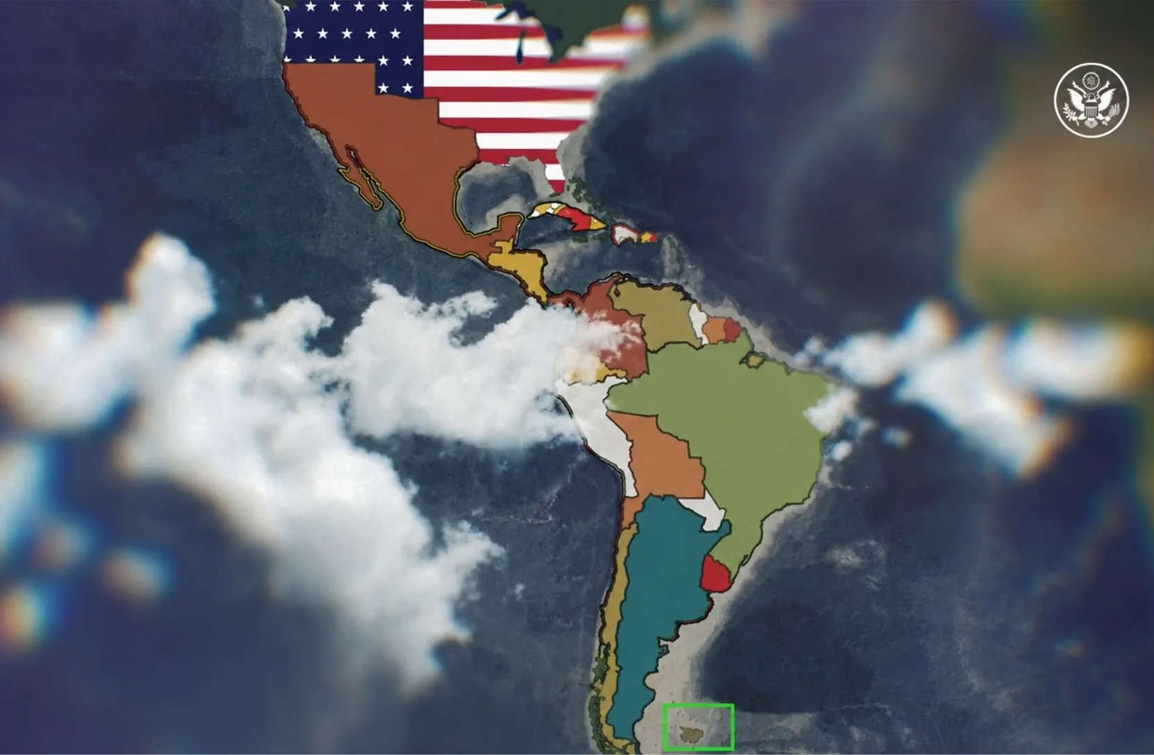 Fragmento del video del Departamento de Estado que muestra las Islas Malvinas como no parte del territorio de Argentina. Crédito: redes sociales