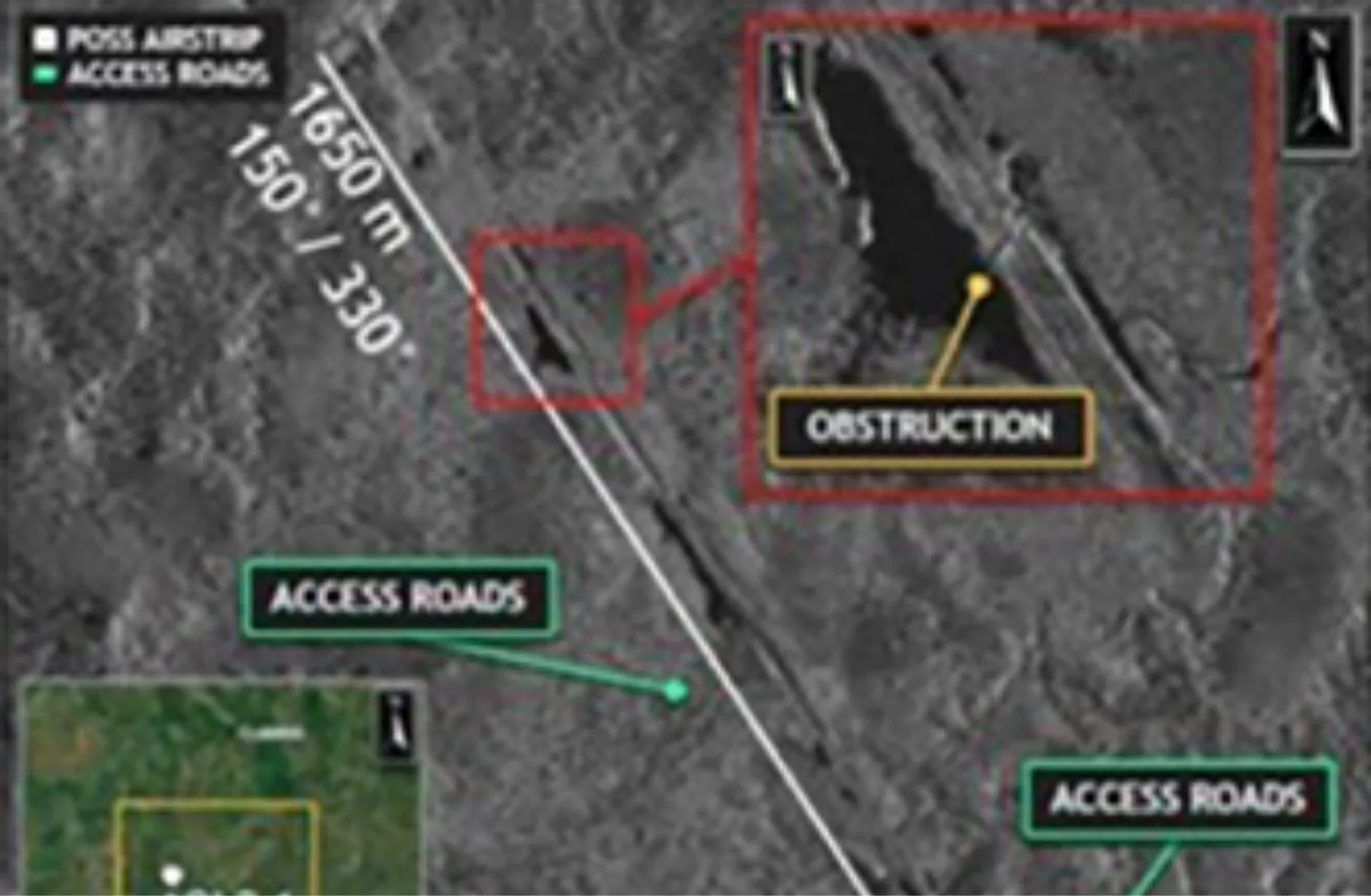 Los servicios espaciales comerciales ayudaron a identificar posibles pistas de aterrizaje en Ecuador que podrían ser utilizadas por narcotraficantes. Crédito: GAO ICEEYE US and BoxMica