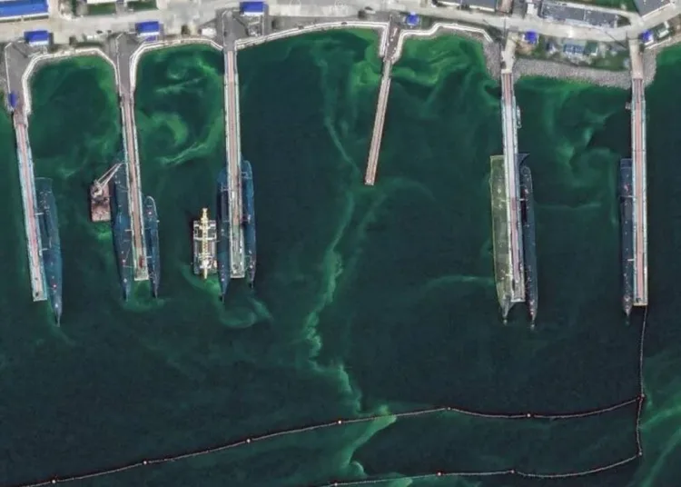 Vista completa de los submarinos rusos envueltos en redes antidrones en la base de submarinos nucleares de Rybachiy, ubicada en la península rusa de Kamchatka
