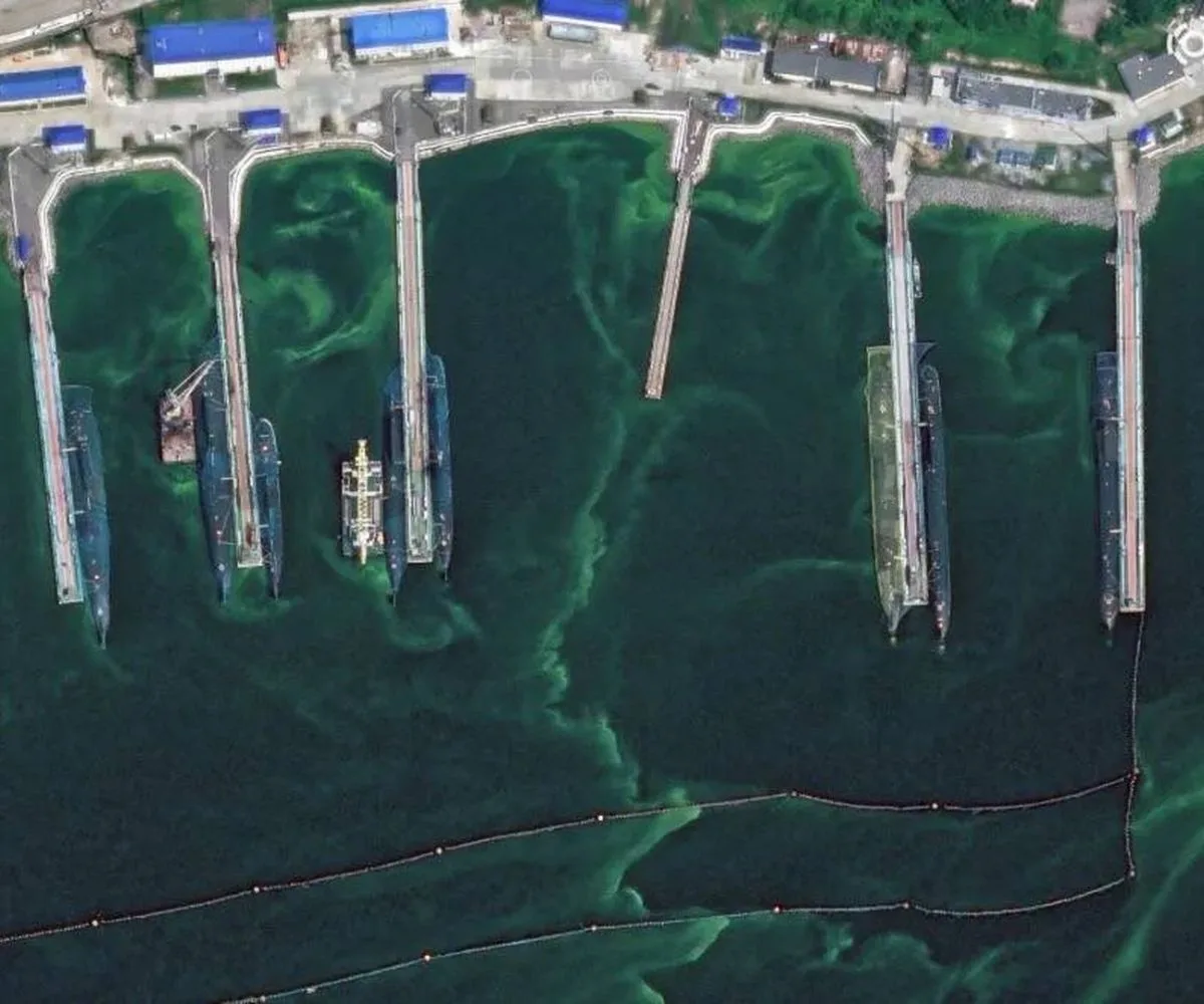 Vista completa de los submarinos rusos envueltos en redes antidrones en la base de submarinos nucleares de Rybachiy, ubicada en la península rusa de Kamchatka